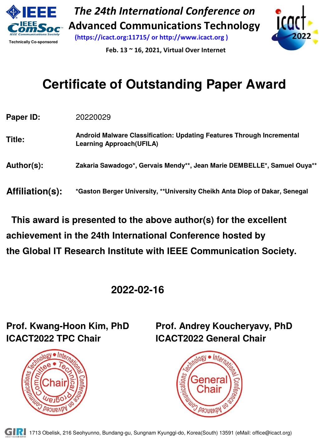 Certificate of Outstanding Paper Award