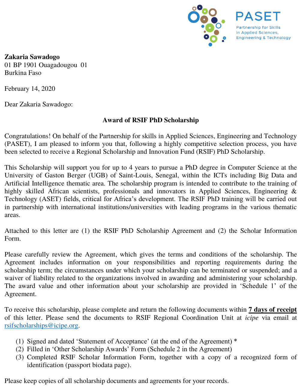 PASET RSIF PhD Scholarship